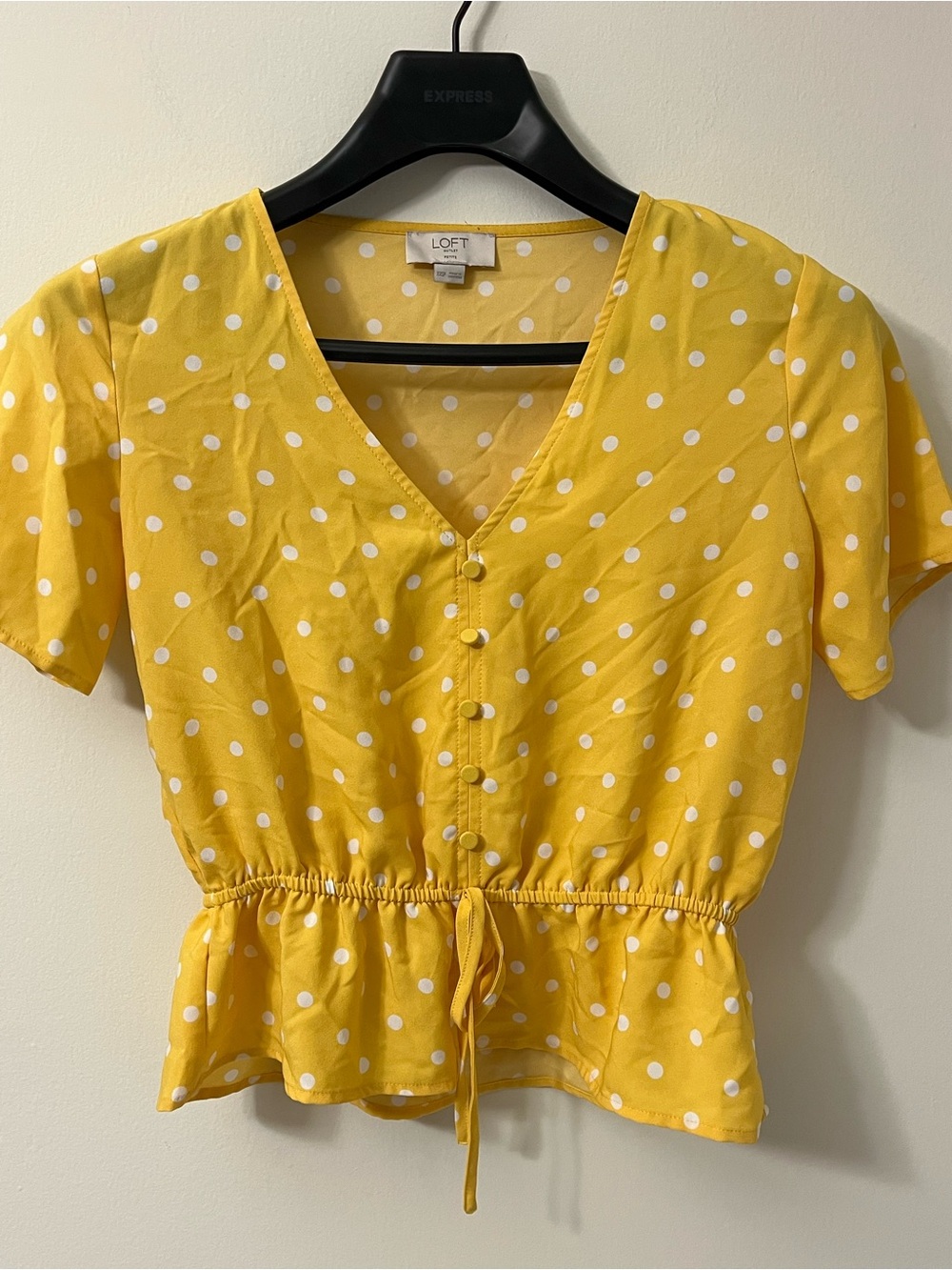 LOFT Yellow White Polka Dot V-Neck Peplum Blouse XXS